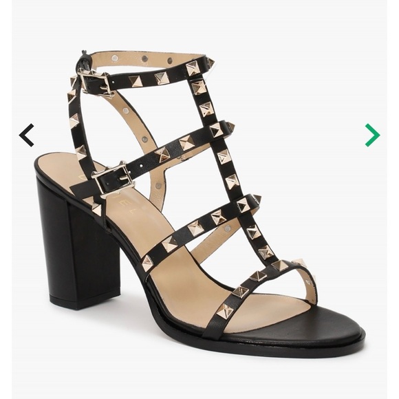 Shoes - Black Leather Studded Block Heeled Sandals with gold studs